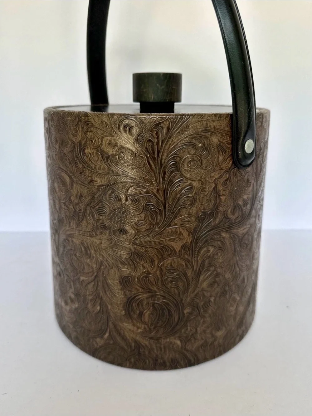 Vintage Irvinware Ice Bucket Brown Tooled Vegan Leather with Lid  Made USA